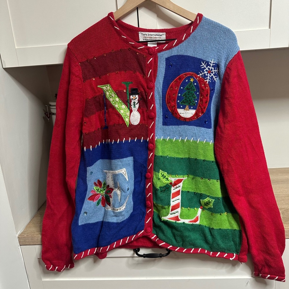 VTG Tiara Intl Womens Christmas Sweater L Festive NOEL Ugly Cardigan Grannycore
